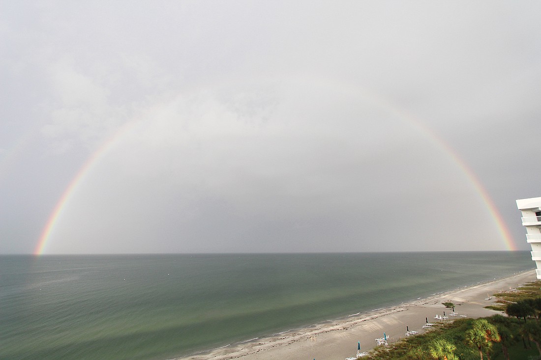 Karen Coltun took this photo from Longboat Key, capturing a shot of a rainbow over the gulf after a storm.