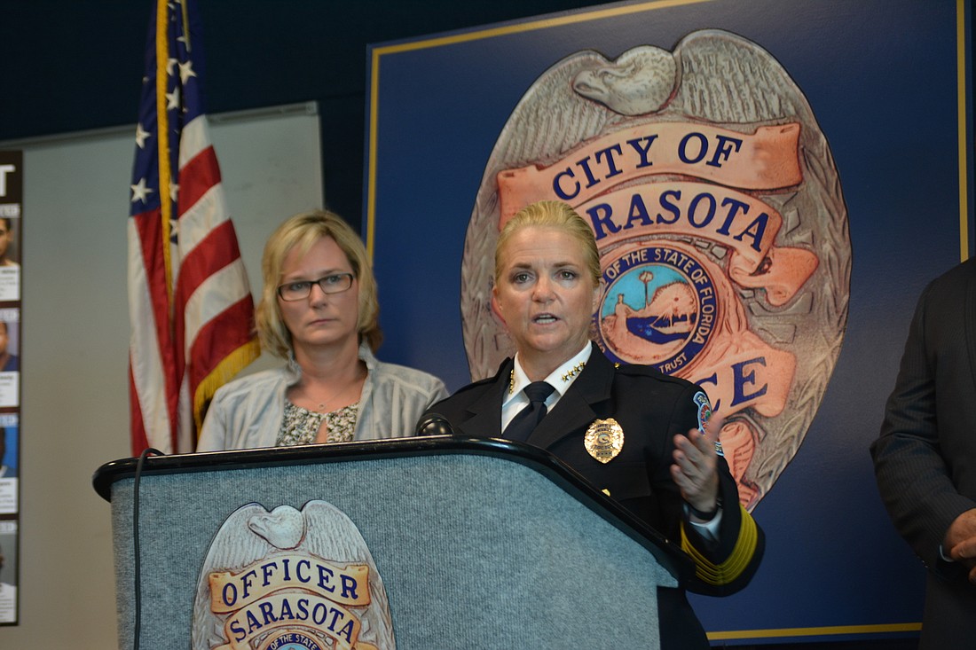 Sarasota Police Chief Bernadette DiPino announces the end of Operation Fresh Start, as Capt. Corinne Stannish looks on.