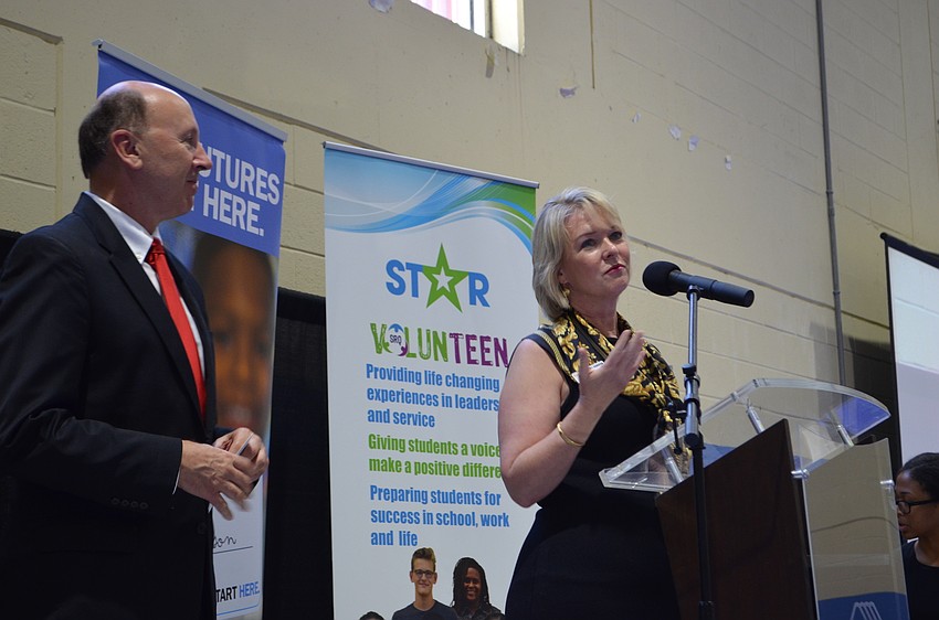 Gulf Coast Community Foundation Senior Vice President for Philanthropy Veronica Brady gives an update on the fundraising goal of $50,000 for the breakfast.