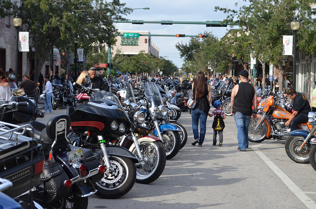 Motorcycles line Lemon Avenue during last year's Thunder by the Bay event in Sarasota. File photo.
