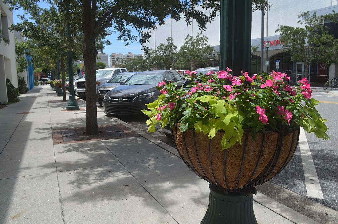More than 120 flower baskets have been installed downtown.