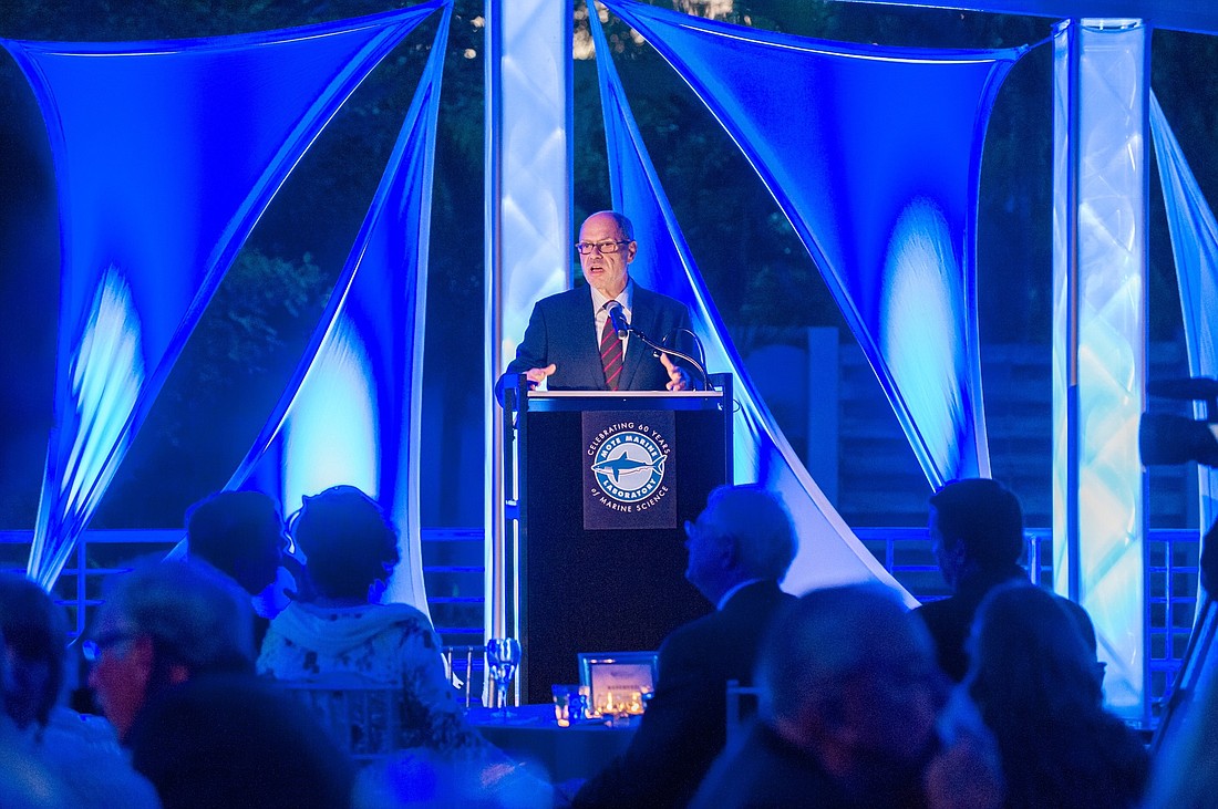 Bob Essner, Chair of the Oceans of Opportunity campaign, speaks to guests at Mote's 60th Anniversary Celebration, which launched the campaign in January 2015. Credit: Mote Marine Laboratory.