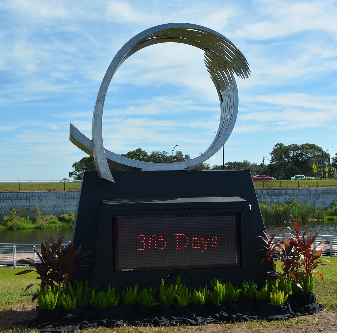 The sculpture, "Vortex," designed by artist Malcolm Robertson, will now count down the days to the 2017 World Rowing Championships at Nathan Benderson Park.