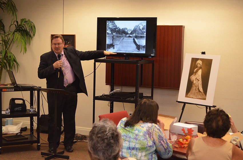 Speaker Ron McCarty explains how the steps in this photograph are now part of the basement of the Ca’ d’Zan.