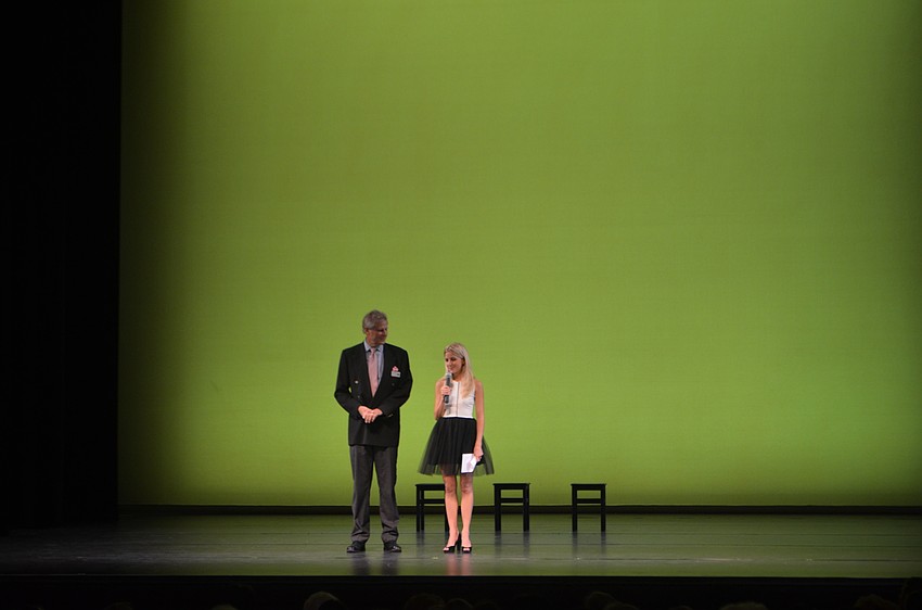 Event sponsor John Leeming of J.L. Brainbridge and Sarasota Ballet Outreach Coordinator Sara Sardelli greet the audience at the second annual Tea & Tutus event.
