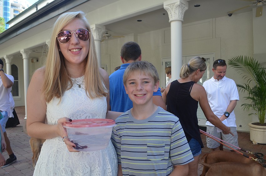 Chloe and Callan Hill, 10, with their betta fish Swim Shady