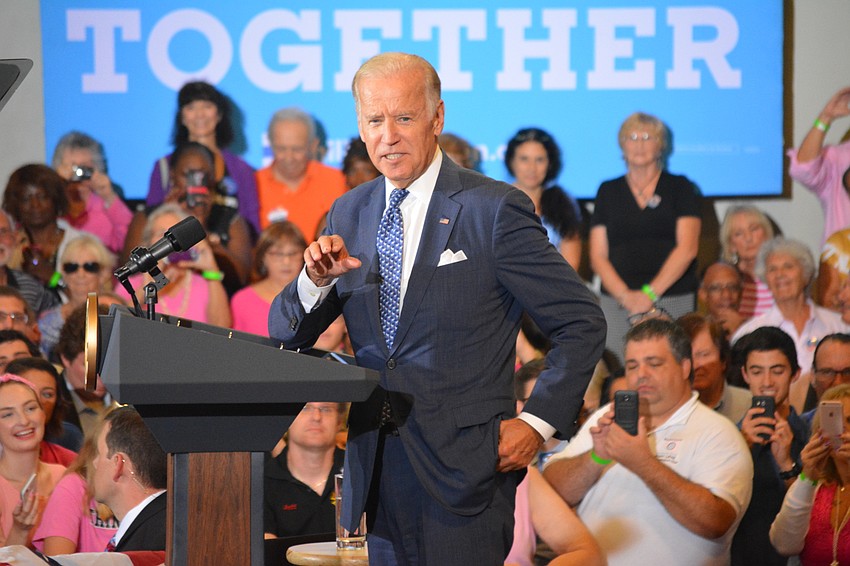 Vice President Joe Biden opened his rally at the R.L. Taylor Community Complex with a message for former Sarasota Mayor Fredd Atkin’s 98-year-old mother, Glossie Atkins.