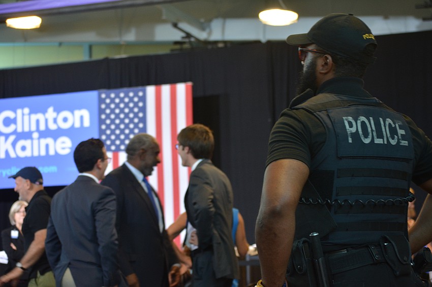 U.S. Secret Service officers guarded the entrance to the R.L. Taylor Community Complex.