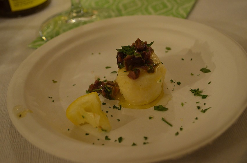 The third dish was North Atlantic cod poached in Italian medium premium olive oil, topped with kalamata olive tapenade paired with Simple Life Pinot Noir.
