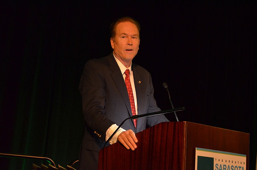 Rep. Vern Buchanan gives a legislative update for guests during the Greater Sarasota Chamber of Commerce Salute to Business 96th annual membership meeting and luncheon Friday, Oct. 7 at Hyatt Regency Sarasota.