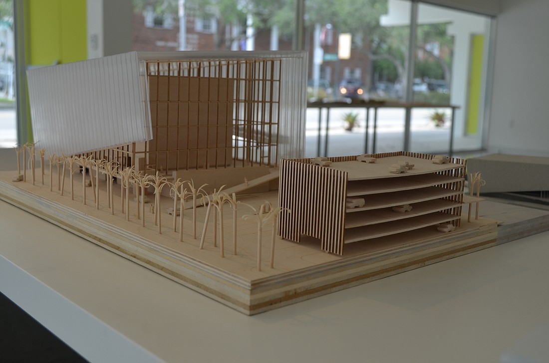 A wooden model depicts Dan Johnson's symphony hall design, â€œDiscovery." Photo by Niki Kottmann.