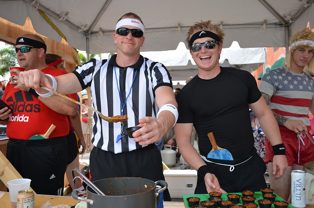 File photo. Keith Lazarcheck and Mark Lucas represent Station 11 during the 16th annual Morton's Chili Cook Off.