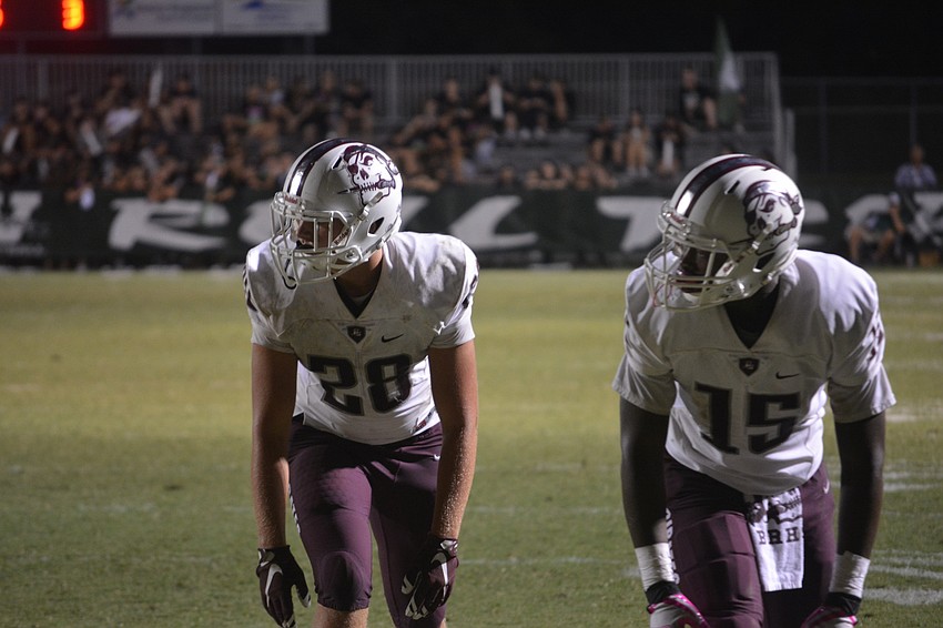 Braden River tight end Travis Tobey and wideout Knowledge McDaniel watch for the snap during the second half against Venice.