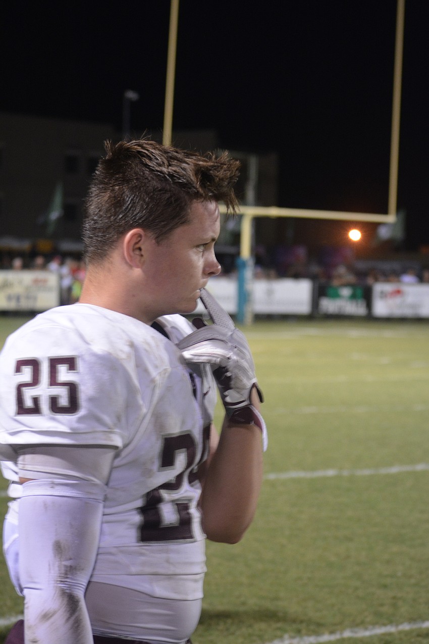 Braden River junior defensive end Chase Knopf watches his offense work during the team's game against Venice.