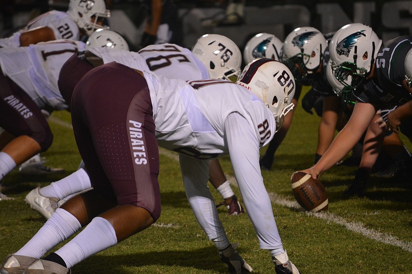 Braden River defensive end Taylor Upshaw gets in a four-point stance against Venice.