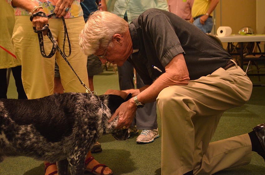 Pastor Eric Wogen blesses Pepper, 11, during St. Armands Key Lutheran Church’s annual pet blessing.