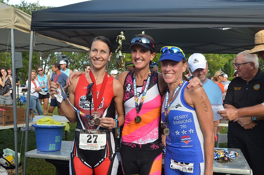 Female Olympic Triathlon top three finishers Yova Borovska, Rachel Chambers and Kerry Simmons
