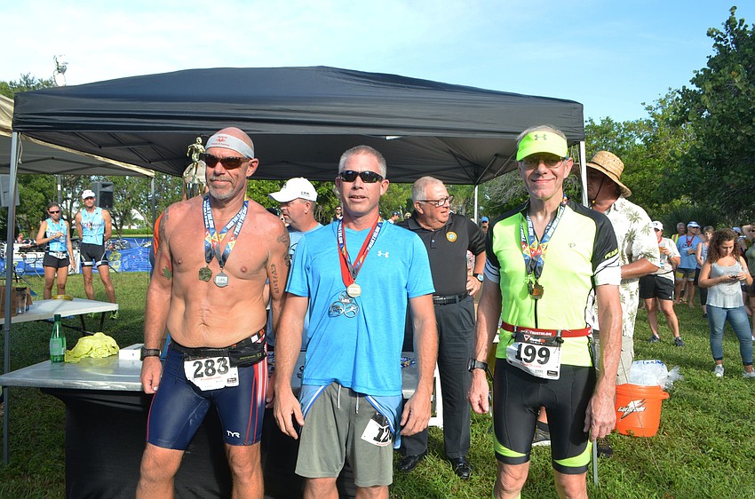 Duathlon Olympic first, second and third place athletes, Ken Varner, Jim Harwood and Roland Parsons