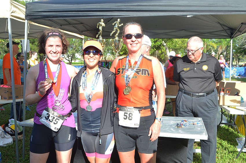 Top finishers of the women’s duathlon sprint division Sarah Smith, Lissa MacDonald and Patti Connors