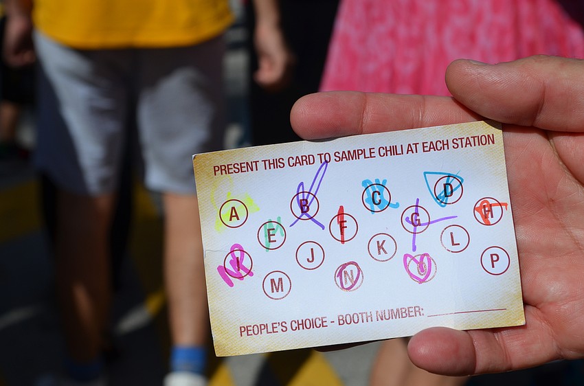 Bob Belancik reviews the chili stations he's already tasted.