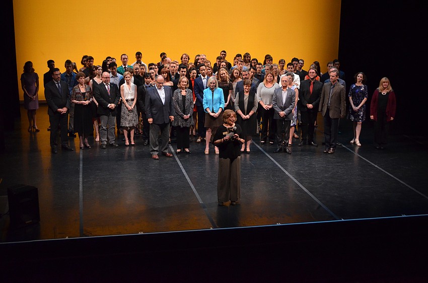 The entire company and staff listen as Friends of the Sarasota Ballet President Janice Kunkel addresses the crowd.