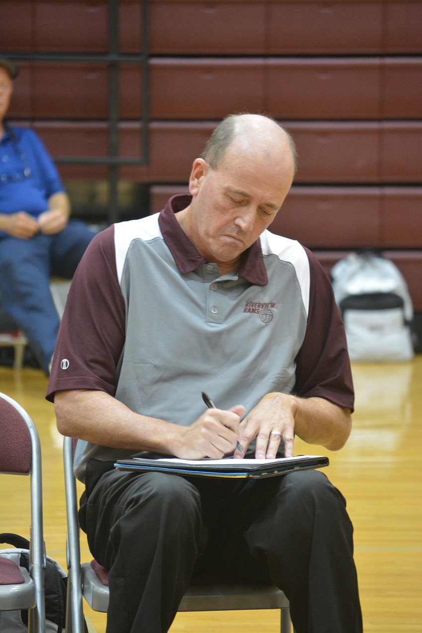 Riverview coach Craig Wolfe takes notes in-between sets during his team's district title match against Newsome on Oct. 20.