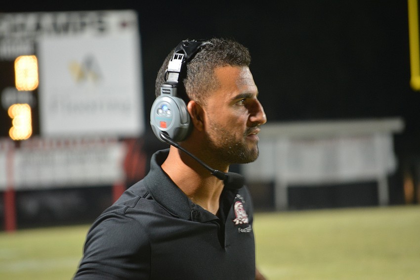 Braden River head coach Curt Bradley watches his team take on Palmetto on Oct 21. The Pirates won 35-0.