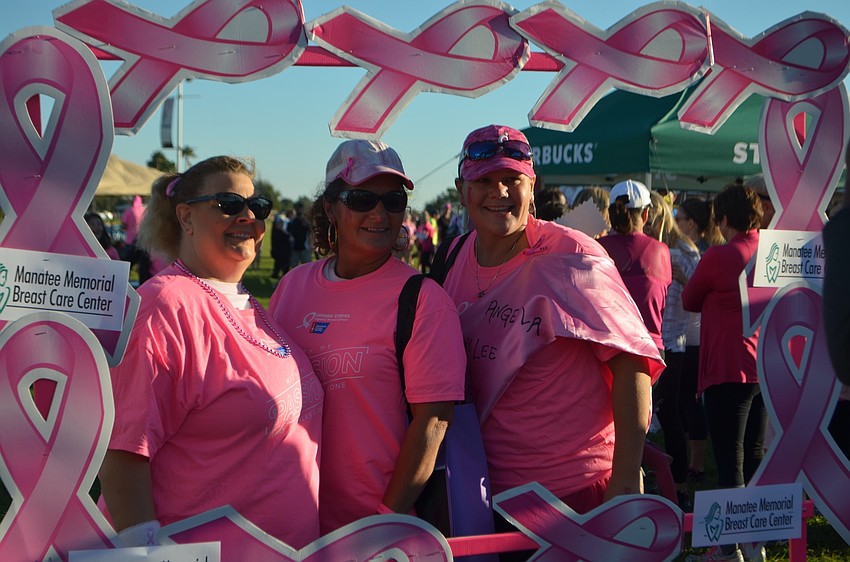 Donna Glendening, Sheri Silvio and Heidi Sanchez prepare for the Making Strides Against Breast Cancer Walk.