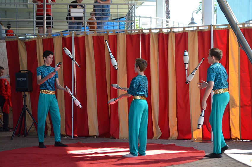 Three Sailor Circus students of The Circus Arts Conservatory perform a juggling act during Circus by the Sea on Oct. 22 at Mote Marine Laboratory and Aquarium.