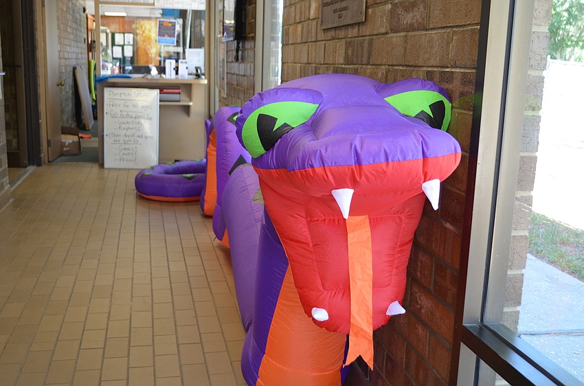 A giant inflatable snake welcomes families into Arlington Park pool.