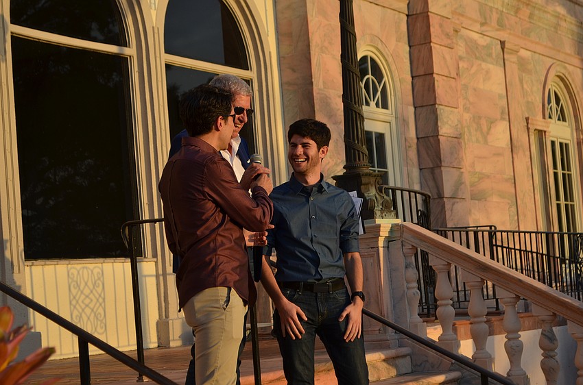 “Guys and Dolls” Director/Choreographer Josh Rhoades, Asolo Rep Producing Artistic Director Michael Donald Edwards and “Guys and Dolls” Music Director Sinai Tabak laugh as Edwards introduces them.