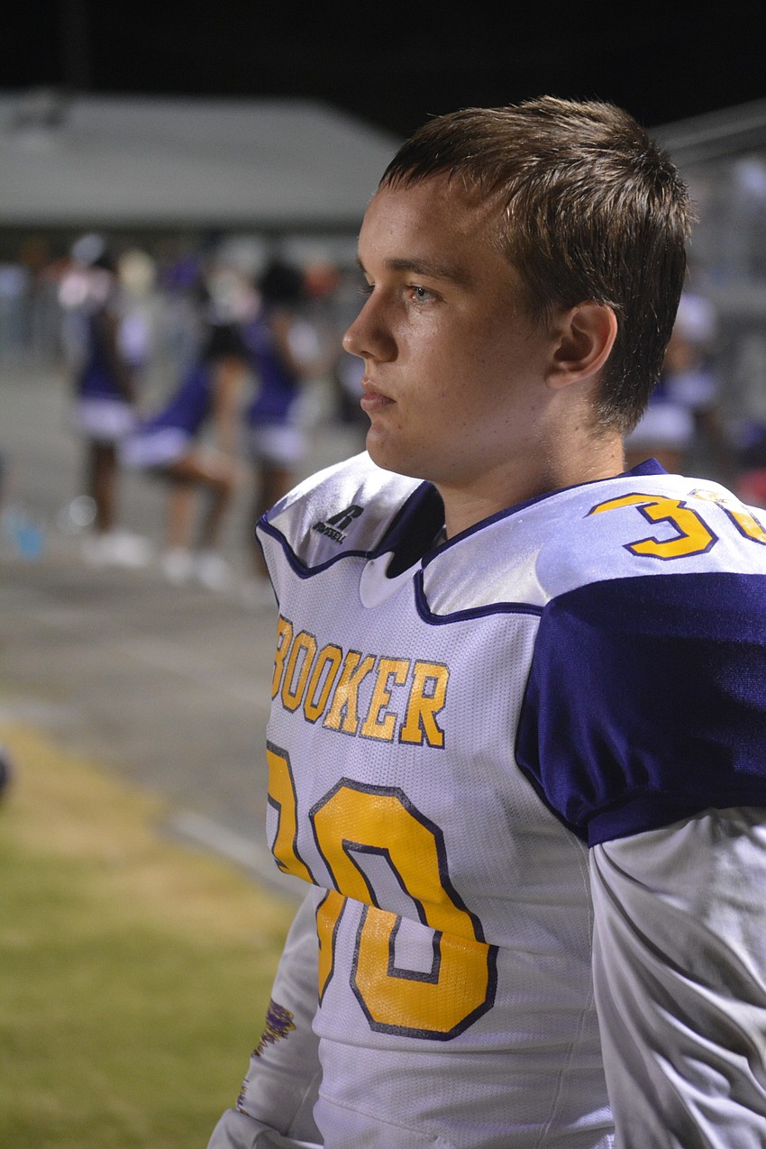 Booker sophomore linebacker Tristin Hawes watches him team play against Southeast on Oct. 28.