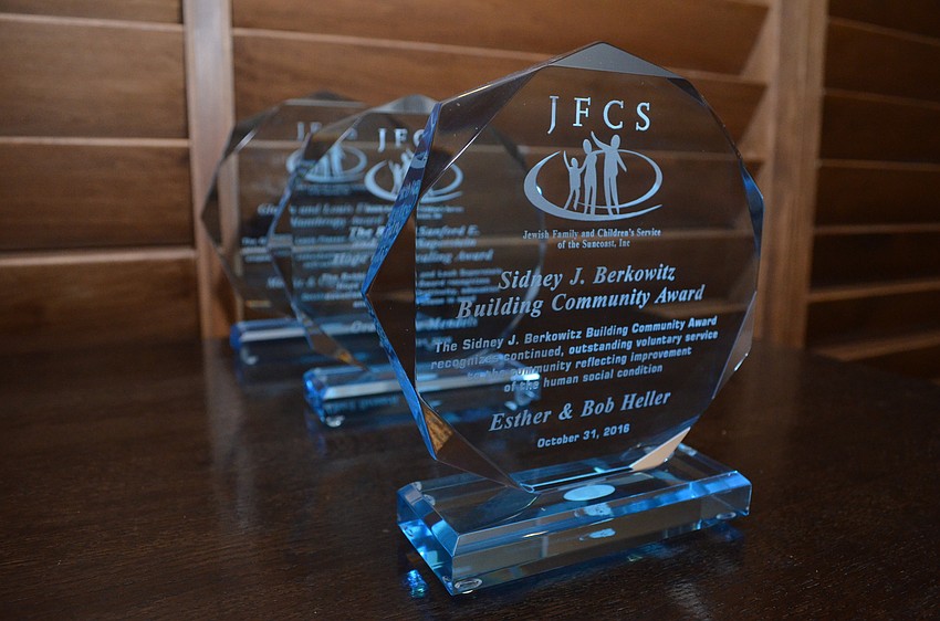 Awards await their honorees before the award ceremony. Three different couples were honored.