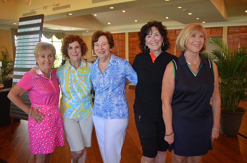Bunny Skirboll, Debbie Rand, Hannah Weinberg, Andi Munzer and Pat Danatello were the models at the Key Niner’s Women Golf Association opening luncheon and fashion show.