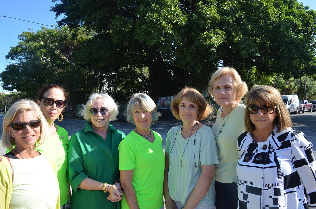 David Conway Nancy Shapiro, Alexsandra Cole, Donna Moffitt, Pat Fleming, Jean Fleming, Christine Schlesinger and Debora Ahmari stand in front of the property at 1329 Fourth St. The residents are advocating for the preservation of two large ficus trees on