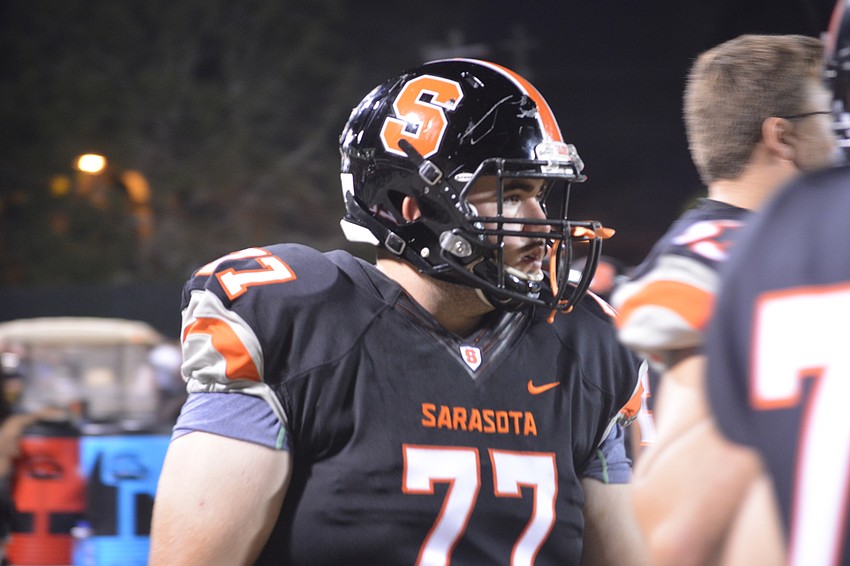 Sarasota senior offensive lineman Octavio Rodriguez stares at the field during his team's games against Riverview on Nov. 4.