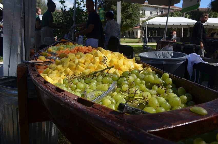 The catering staff at Michael’s On East served fresh fruit in a wooden canoe.