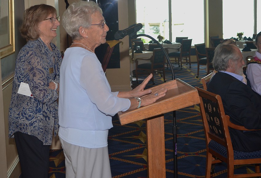 Friends of the Sarasota Ballet President Janice Kunkel and Board Member Peggy Sweeny laugh as Sweeny addresses the crowd.
