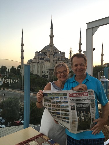 Winners Cathy and Larry Duguay recently celebrated Cathyâ€™s 60th birthday by traveling to Greece and Turkey with their family. They took a moment to catch up with the East County Observer in Istanbul before the Blue Mosqueâ€™s nightly light show.