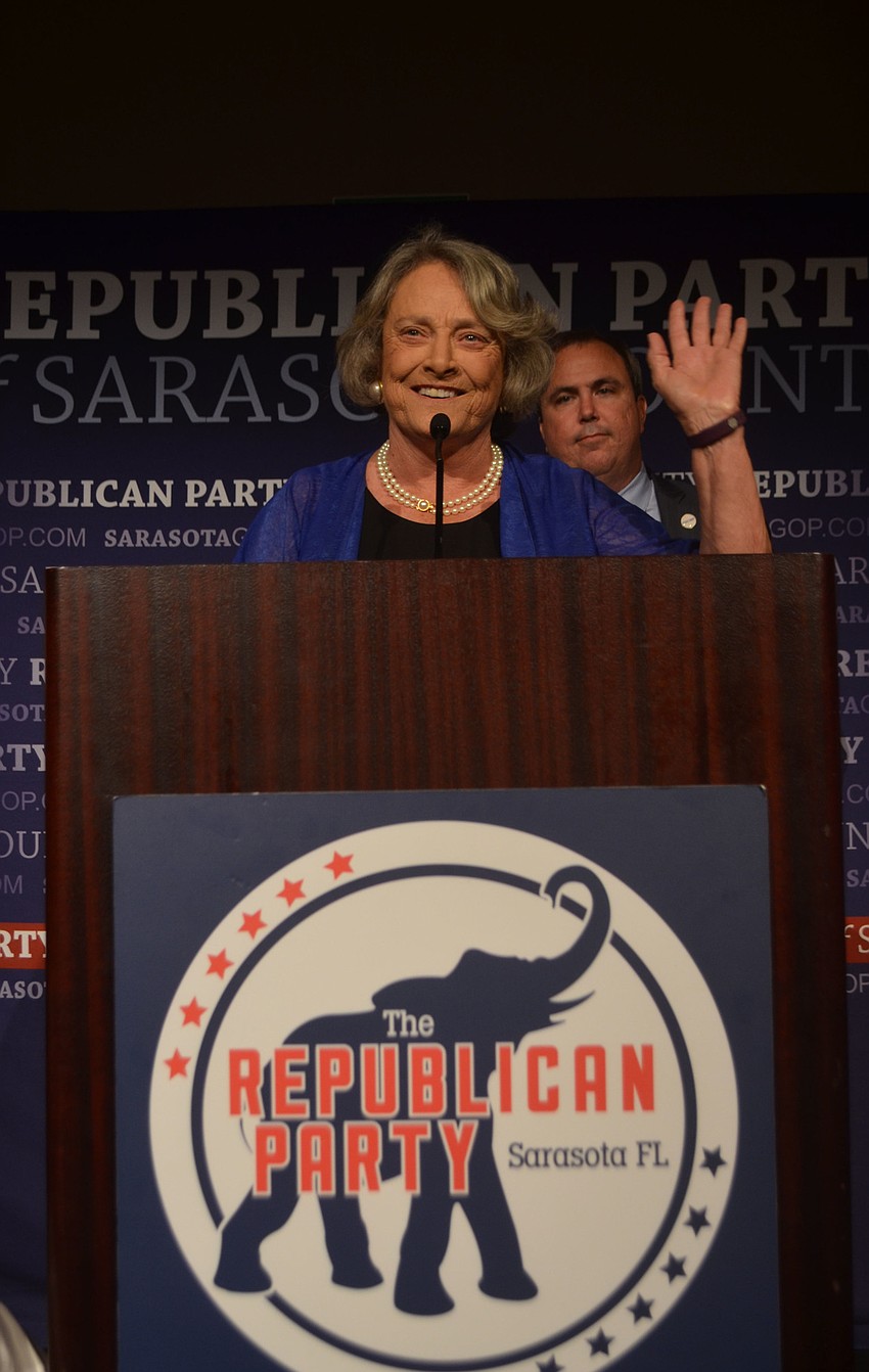 Nancy Detert thanks supporters before leaving the stage at the Republican watch party at the Hyatt Regency hotel.