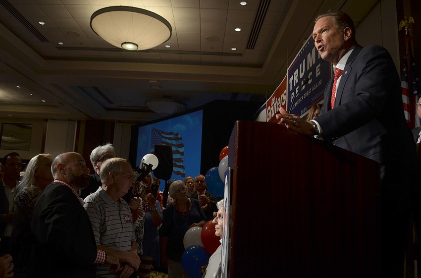 The crowd enthusiastically welcomed Congressman Vern Buchanan to the stage at the Republican watch party on Tuesday night.