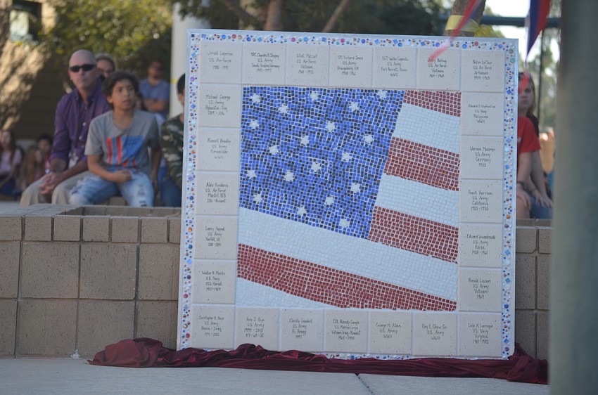 The newest panels of the Veterans Wall of Honor, designed by student Sophie Buckwalter, and constructed by sixth-, seventh- and eighth-grade art students, is displayed.
