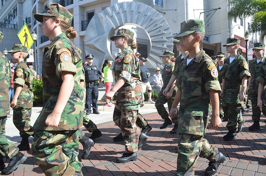 Members of the Venice Middle School Young Marines marched into Five Points Park at the end of the Veterans Day parade.