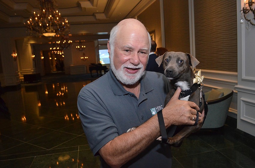 Humane Society of Sarasota County volunteer Bernard Marlow holds Charlie, a 2-year-old terrier mix up for adoption.