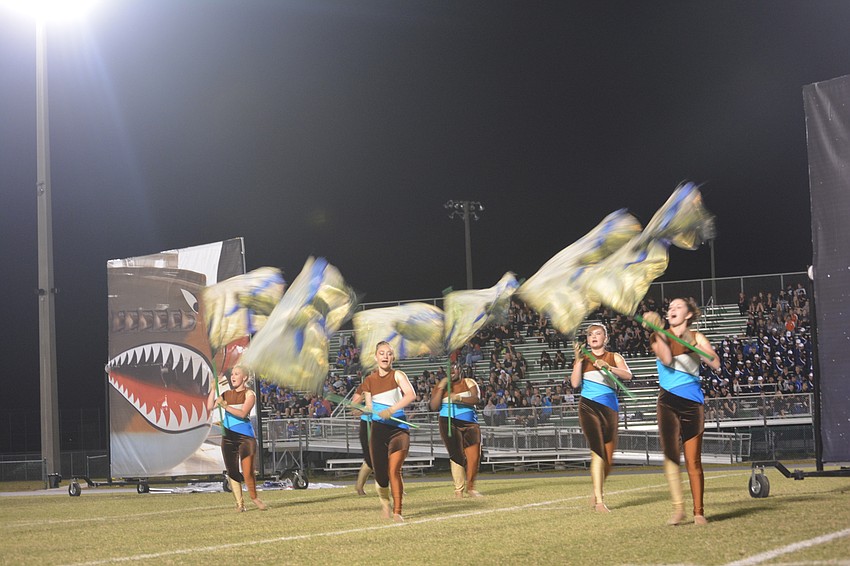 Some of the 32 color guard members entertain the crowd.