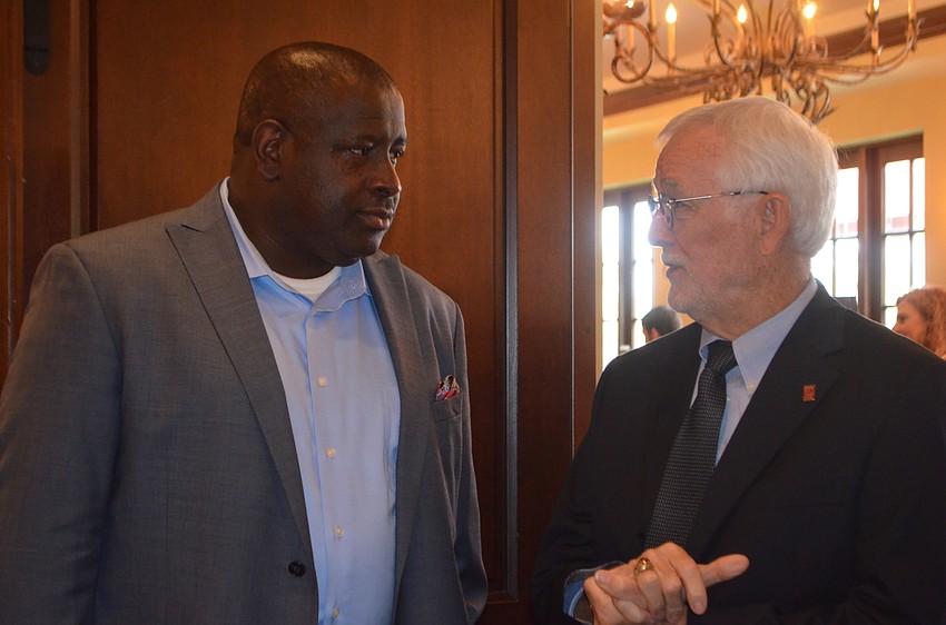 Jeff Maultsloy and Joe Hembree visit at the Lakewood Ranch Business Alliance's Sandies Awards.