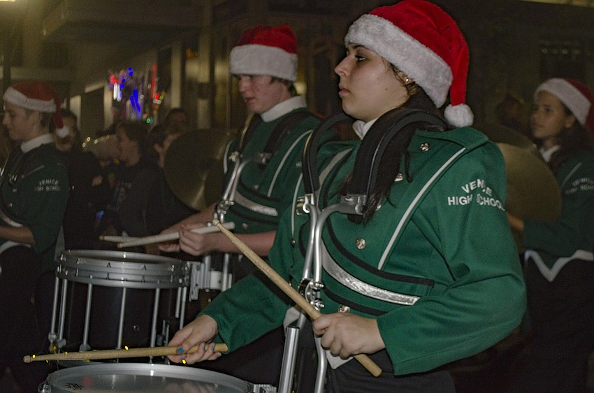 Venice High School Marching Band marches in the Downtown Holiday Parade.