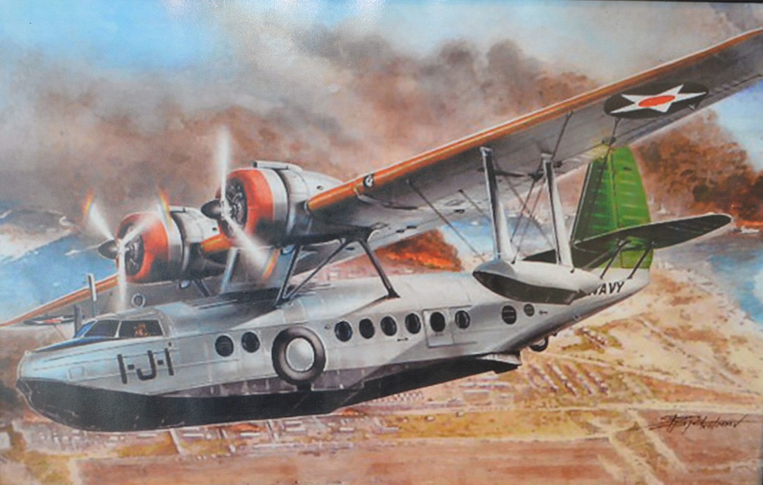 This painting, owned by Shannon Gault, shows the plane in which her father took to the sky on Dec. 7, 1941.