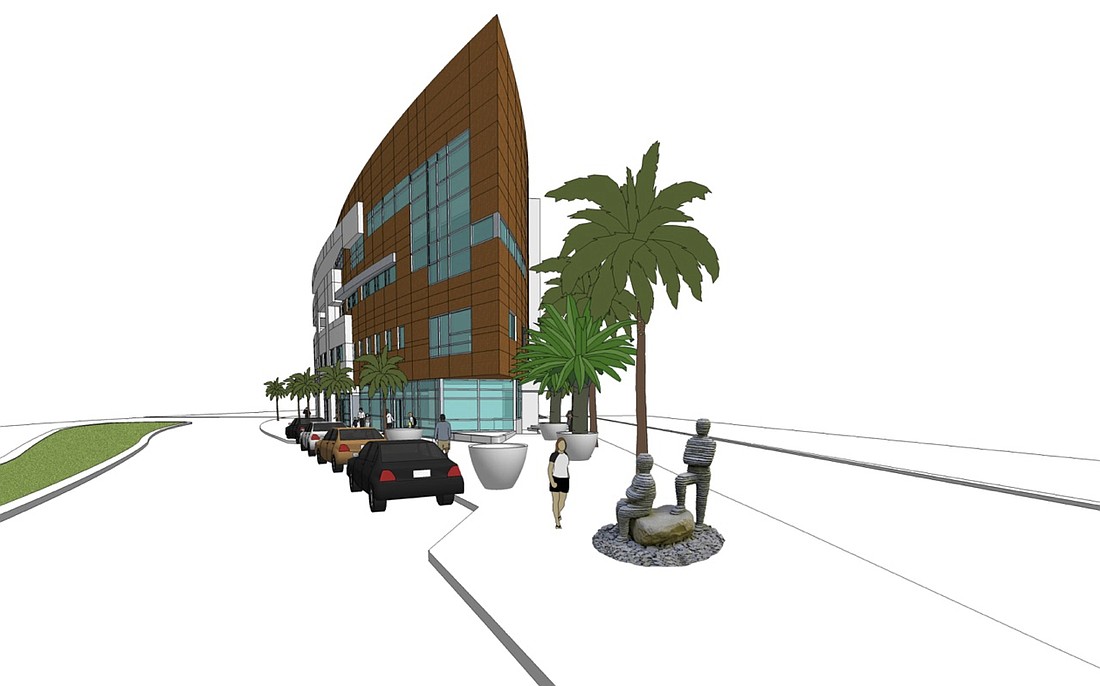 This rendering depicts Sabal Palm Plaza with Boaz Vaadia's sculpture â€œBa'al & Yizhaq.â€