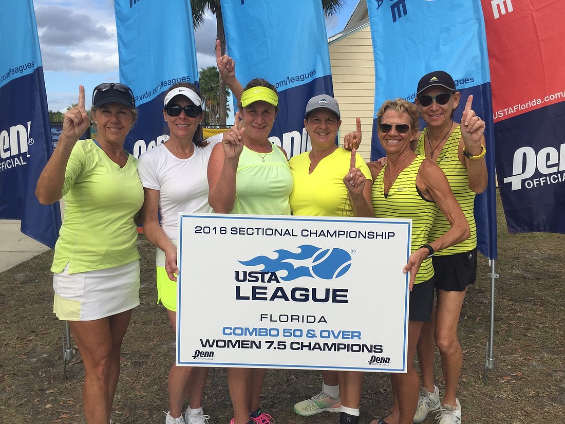 The women's 50 and over Lakewood Ranch tennis team ofÂ Lorraine Varone,Â Karen Nicholson,Â Marybeth Hennessy, Marcia Caplan, Heidi Cox and Anna Seal won the USTA 7.5 Combo Sectional Championship in Daytona Beach on Dec. 11.  Photo courtesy Karen Nicholson.